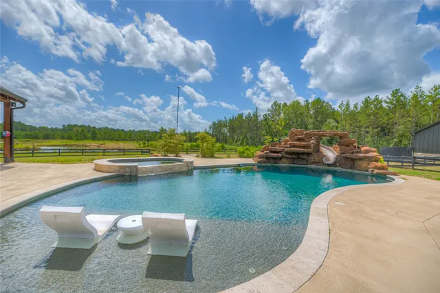 a view of a swimming pool and lounge chair
