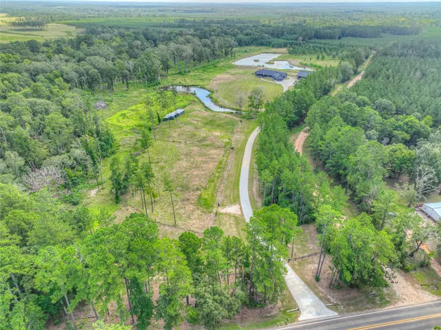 an aerial view of residential houses with outdoor space and trees