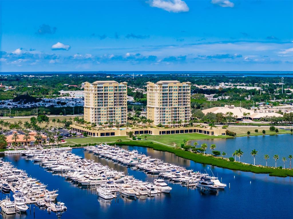a view of a lake with a city view