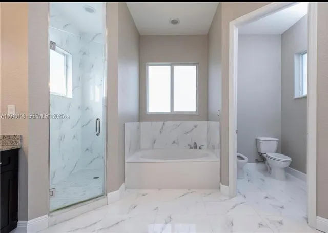 a bathroom with a bathtub and a toilet