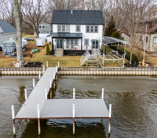 a view of a lake with building
