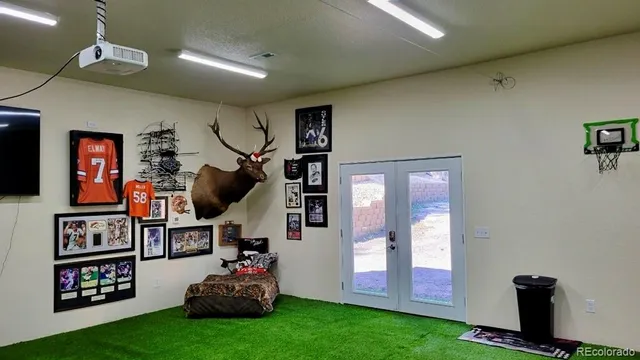 a view of a room with a fireplace and a projector