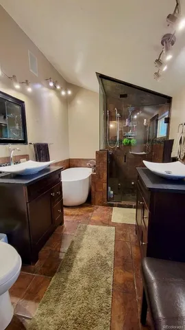 an aerial view of a house with a yard and large trees