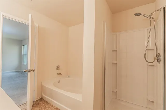 a bathroom with a bathtub and a shower