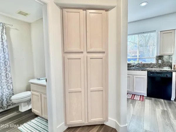 a kitchen with a sink and toilet