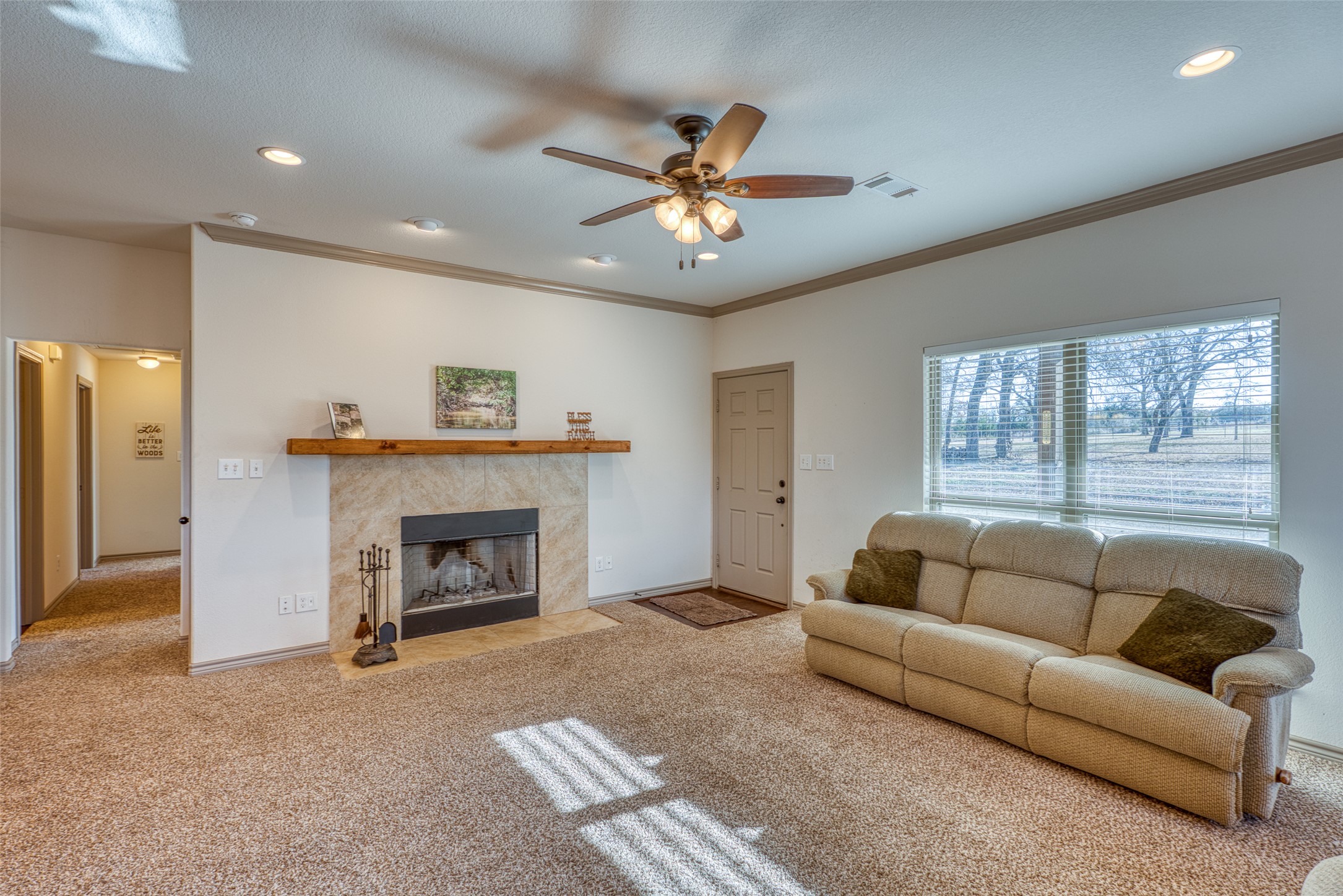 489 Nordic Ridge Road Bertram, TX 78605 - Photo 3 of 19 Carpeted living area with ceiling fan, a tiled fireplace, recessed lighting, and ornamental molding