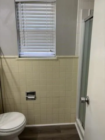 a bathroom with a toilet and a shower