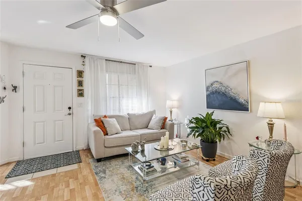 a living room with furniture potted plant and a rug