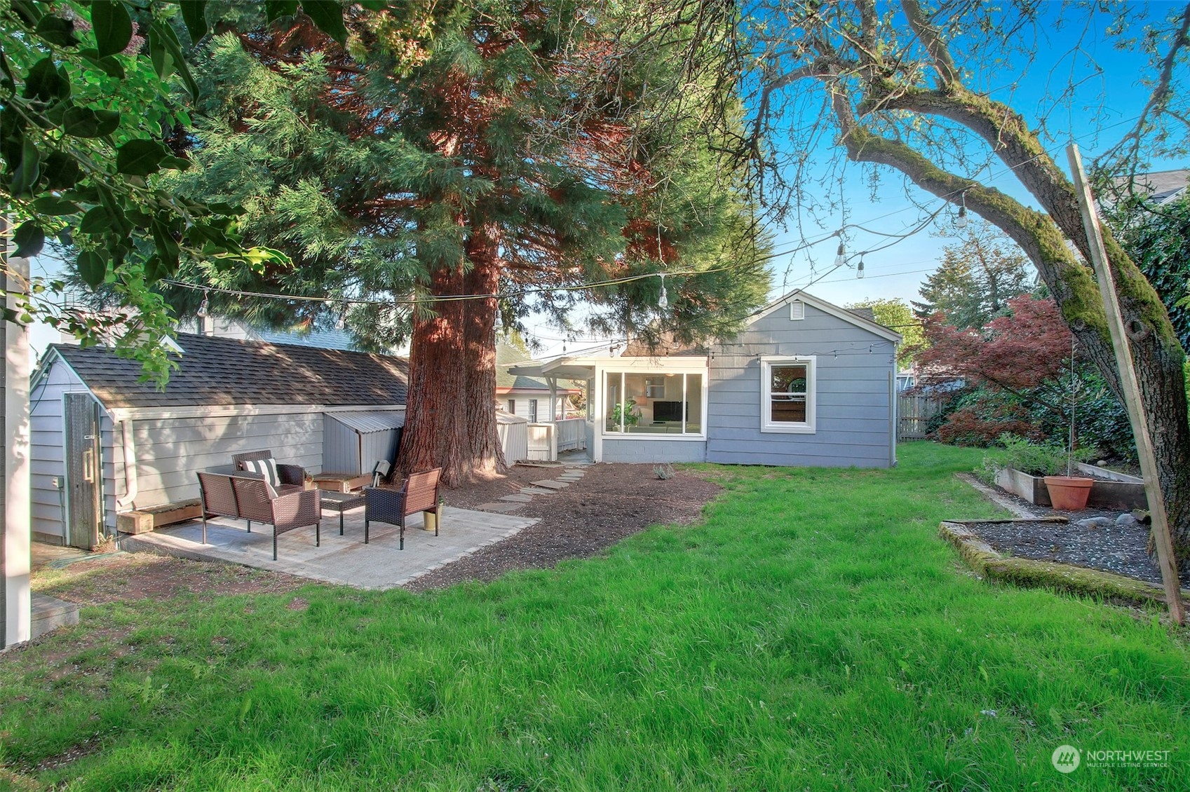 906 North 88th Street Seattle, WA 98103 - Photo 21 of 23 a view of a patio with table and chairs potted plants and large tree