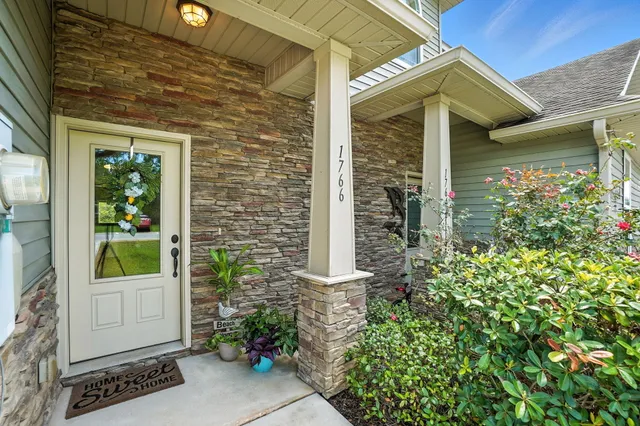 a couple of potted plants in front of door