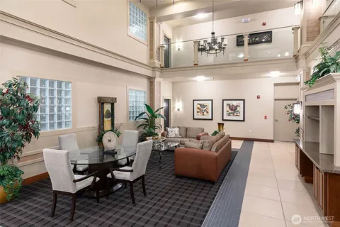 a view of a dining room with furniture