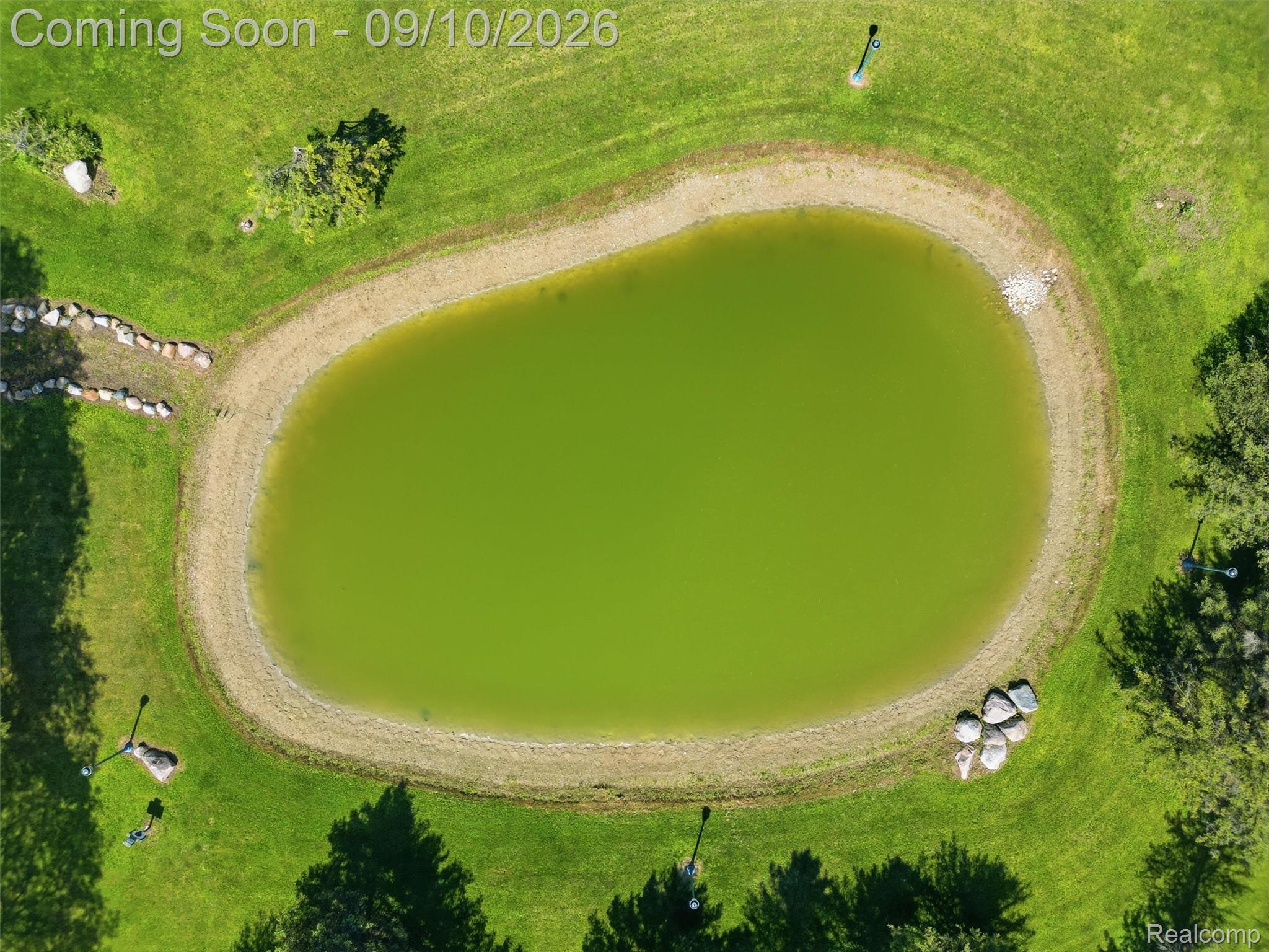 61400 Romeo Plank Road Ray, MI 48096 - Photo 19 of 99 Expansive green space surrounding a natural pond, featuring a stone pathway and mature trees