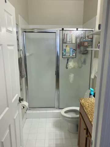 a bathroom with a shower and a toilet