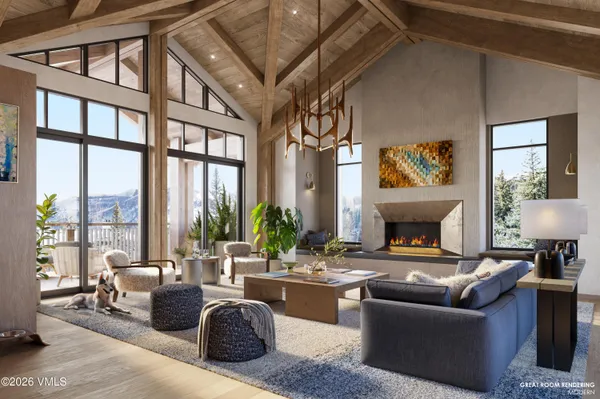 a living room with furniture a fireplace and a floor to ceiling window