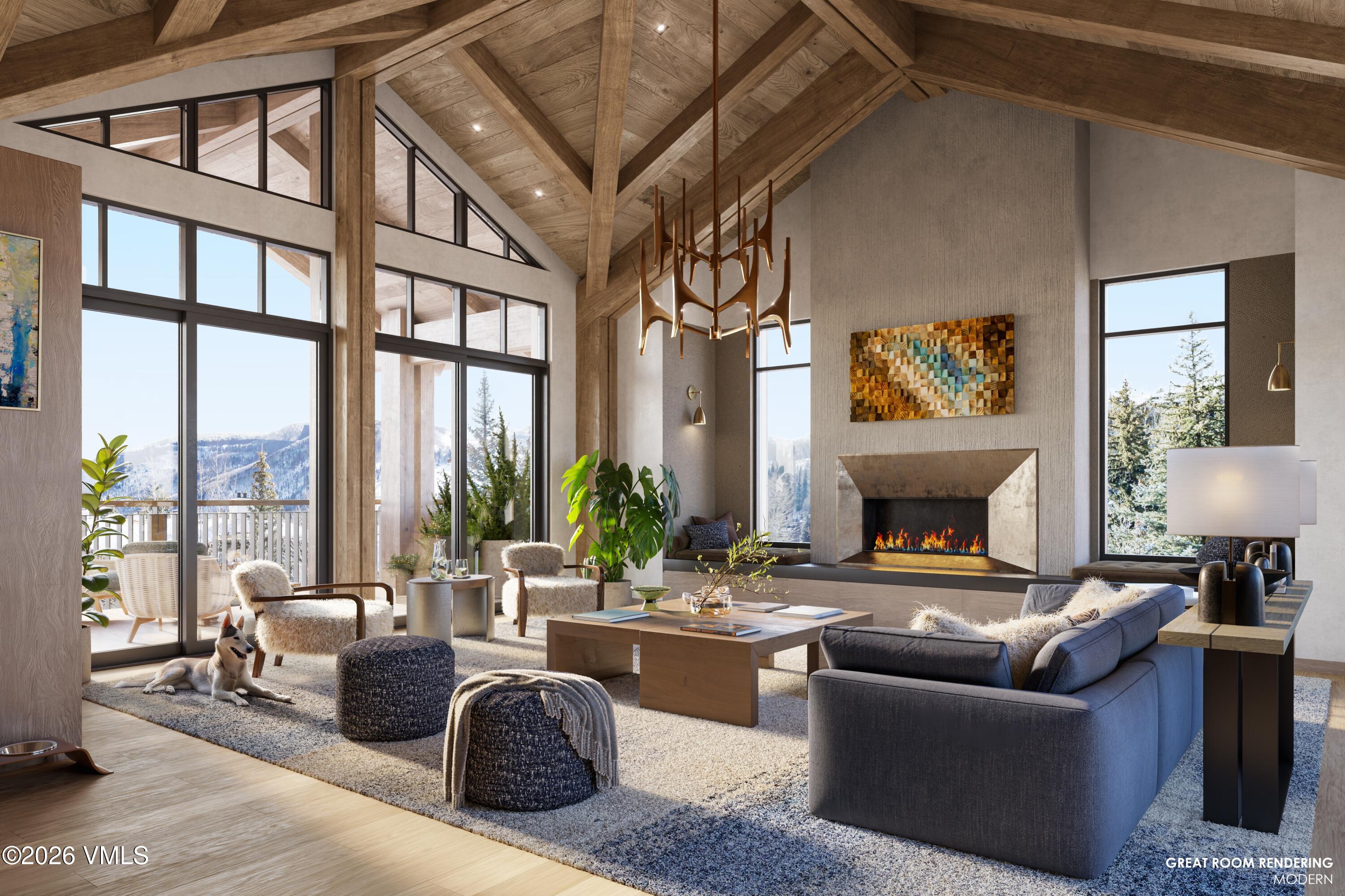 17 Vail Road, Unit 4 Vail, CO 81657 - Photo 1 of 8 a living room with furniture a fireplace and a floor to ceiling window