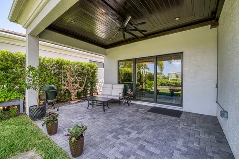 a garden view with a seating space