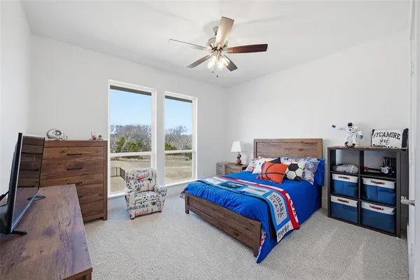 a bed room with a bed and a ceiling fan