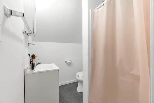a bathroom with a sink a toilet and shower curtain