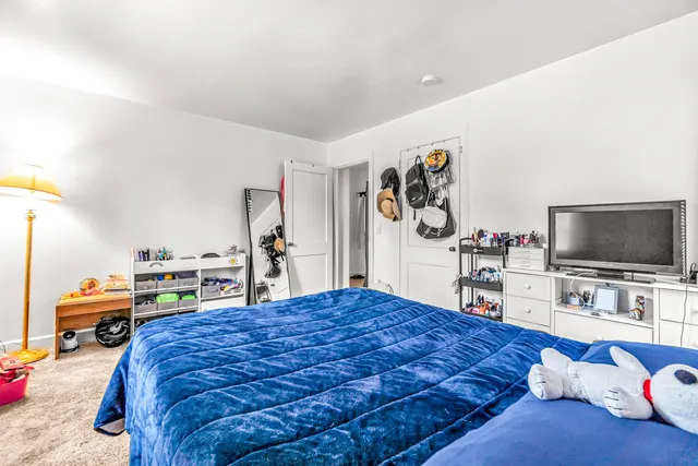 a bedroom with a bed and a flat screen tv