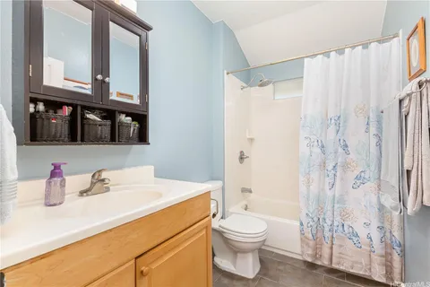 a bathroom with a sink a toilet and shower curtain