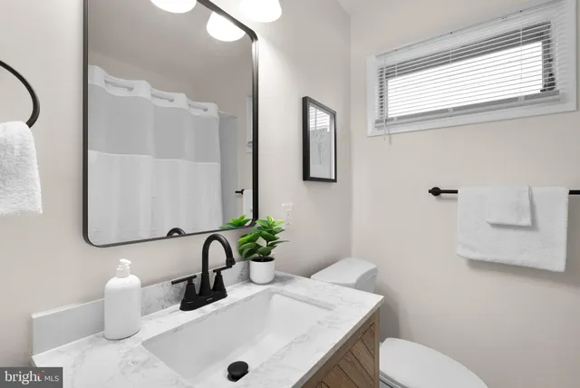 a bathroom with a sink toilet and mirror