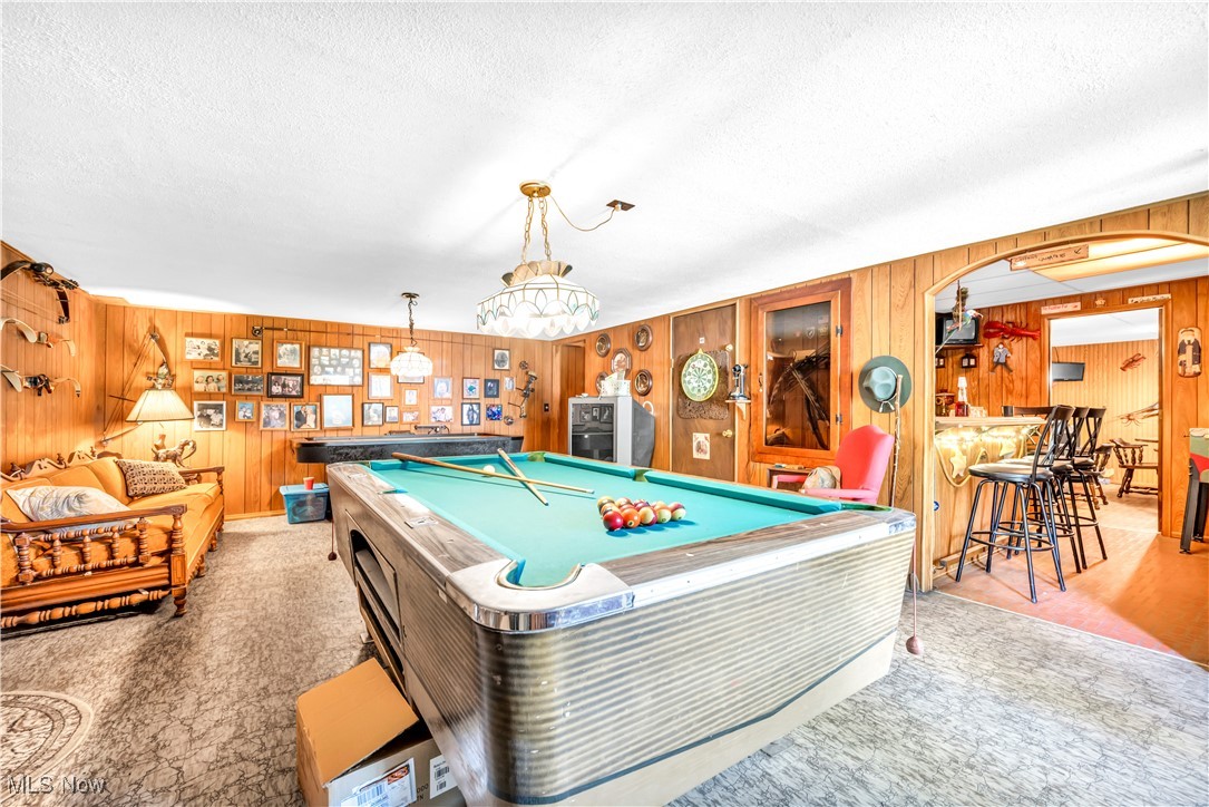 4032 Hanford Road Wakeman, OH 44889 - Photo 20 of 50 Game room featuring light carpet, a textured ceiling, billiards, and wood walls