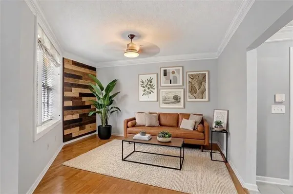 a living room with furniture potted plant and a window