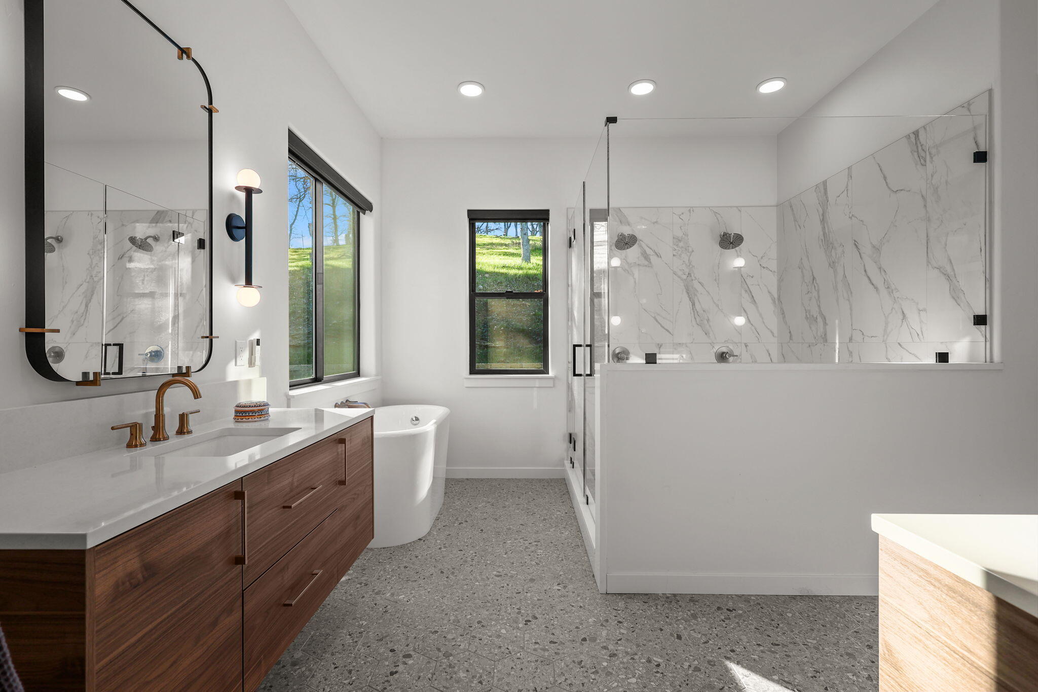 8202 Maynard Road Palo Cedro, CA 96073 - Photo 28 of 74 a bathroom with a double vanity sink mirror and shower