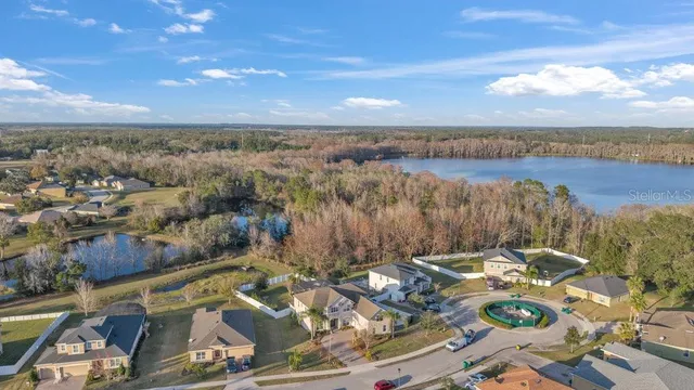 a view of a lake in middle of the town