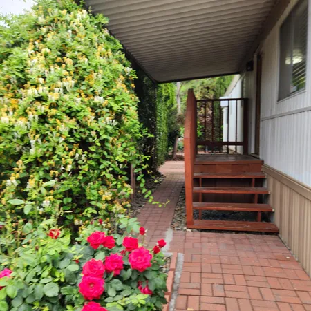 a view of a pathway with a flower garden