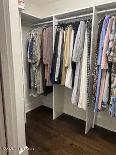 a view of walk in closet with clothes and shoes