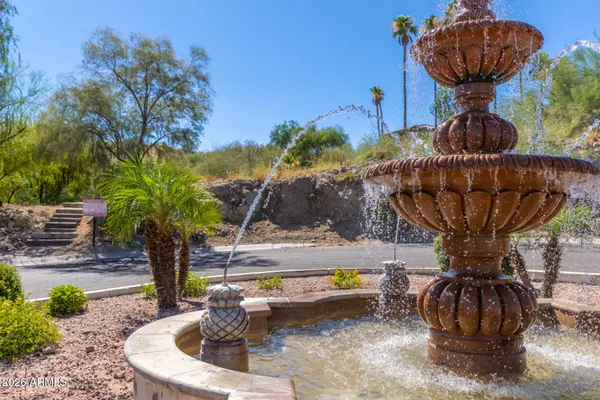 a view of a fountain in the patio
