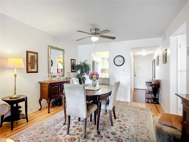 a view of a dining room with furniture