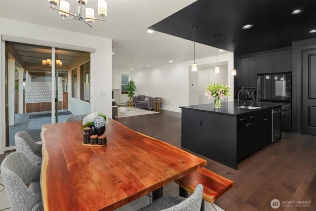 a kitchen with stainless steel appliances dining table
