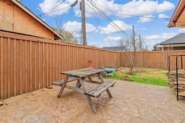 a garden view with a seating space
