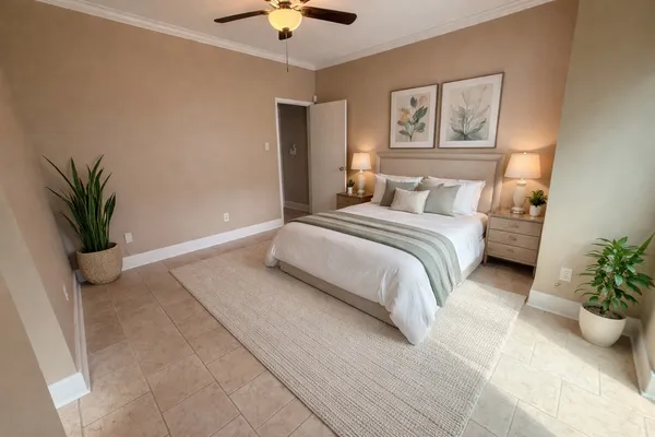 a spacious bedroom with a bed and a potted plant