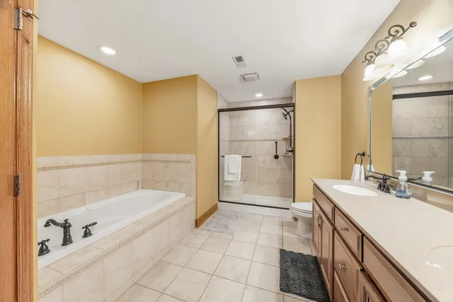 a bathroom with a tub sink shower and a mirror