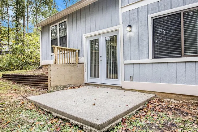 a view of a yard with plants and large trees