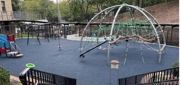 a view of a park with large trees