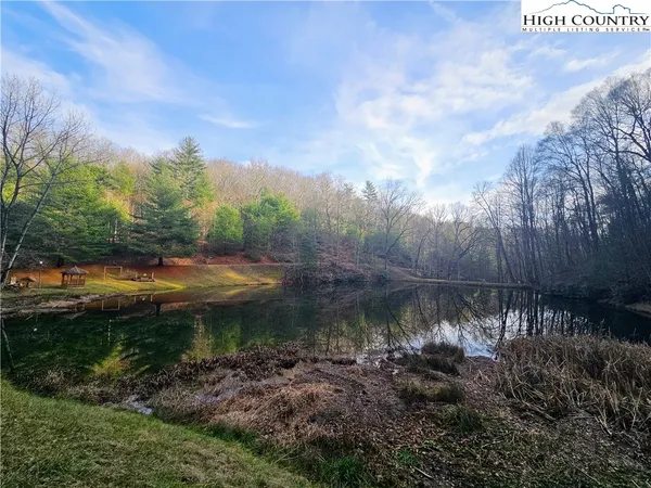 a view of a water pond with green yard