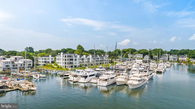 a view of lake with boats and trees in the background