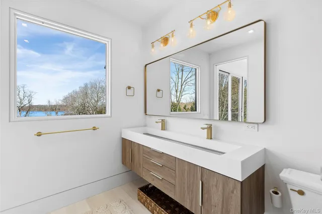 a bathroom with a double vanity sink mirror and a toilet