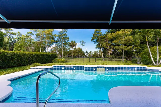 a view of a swimming pool and trees in the background