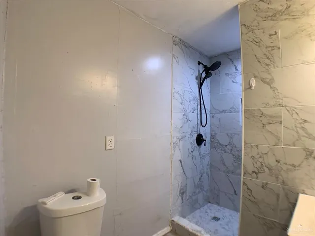 a bathroom with a shower and toilet