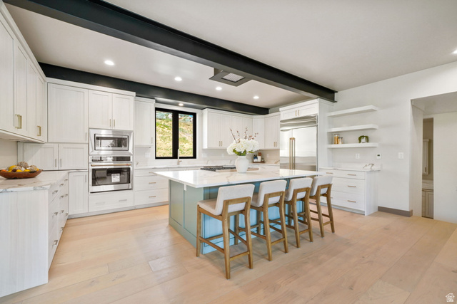 10646 North Reflection Ridge Hideout, UT 84036 - Photo 9 of 43 Contemporary kitchen featuring a light wood-finish floor, white cabinetry, a built-in oven and microwave, and a large center island with a light blue base and a white countertop