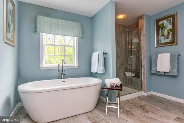 a bathroom with a bathtub and a shower