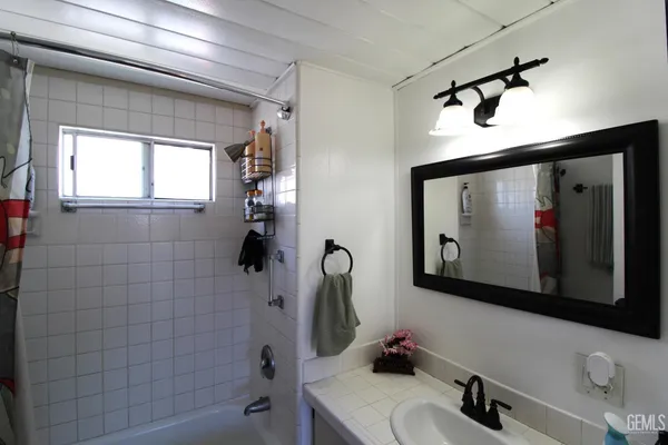 a bathroom with a sink mirror and a shower