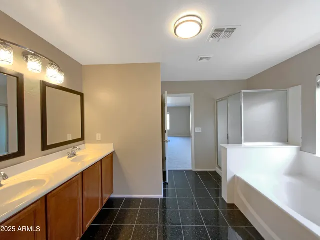 a bathroom with a double vanity sink a mirror and a shower