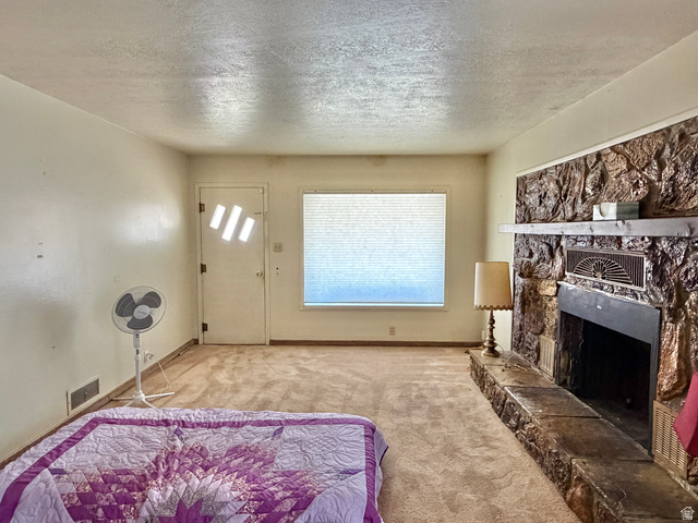 196 North 5th West Price, UT 84501 - Photo 5 of 27 Living area featuring a stone-clad fireplace with a hearth, a window with blinds, and light-toned wall finishes