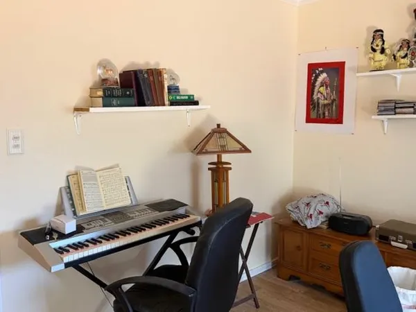 a view of workspace with wooden floor